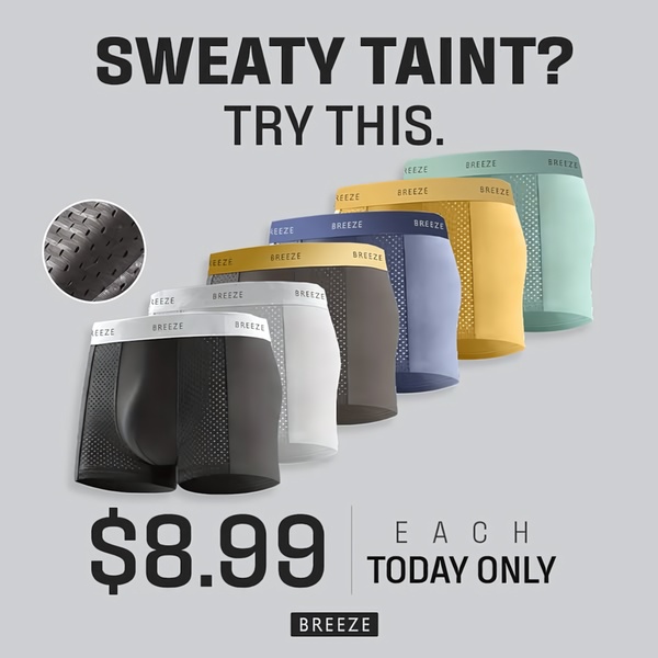 A high-contrast, problem-aware advertisement for breathable boxer briefs featuring a price incentive and product zoom.